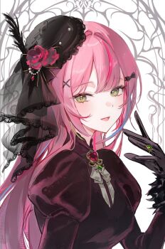 1girl black_dress black_gloves black_hat bow chaerom dress gem gloves green_eyes green_gemstone green_hair hair_bow hanako_nana hand_up hat highres jewelry long_hair long_sleeves looking_at_viewer multicolored_hair open_mouth pink_hair red_gemstone ring smile solo stellive streaked_hair upper_body virtual_youtuber