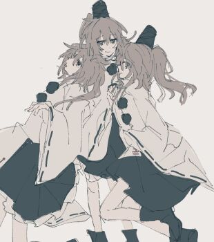 Rule 34 | 3girls, bags under eyes, bare legs, black boots, black eyes, black hat, black ribbon, black skirt, boots, clone, closed mouth, commentary, dot nose, feet out of frame, fingernails, frilled skirt, frills, grey background, grey hair, hair between eyes, hand on own chest, hashtag-only commentary, hat, hat ribbon, head on another's shoulder, highres, japanese clothes, kariginu, kimono, leaning back, long hair, long sleeves, miniskirt, mononobe no futo, multiple girls, pleated skirt, pom pom (clothes), ponytail, ribbon, ribbon-trimmed sleeves, ribbon trim, simple background, skirt, smile, standing, tate eboshi, tongue, touhou, wavy hair, white kimono, wide sleeves, wssjzwcmd