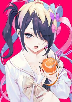 1girl absurdres ame-chan_(needy_girl_overdose) black_bra black_hair black_nails blue_bow blue_shirt bow bra breasts chouzetsusaikawa_tenshi-chan commentary crystal english_commentary eyes_visible_through_hair eyeshadow food food_on_face fruit grey_eyes hair_bow hair_over_one_eye highres holding holding_food holding_fruit long_hair long_sleeves looking_at_viewer makeup mandarin_orange nail_polish needy_girl_overdose official_art ohisashiburi open_clothes open_mouth open_shirt pencil pink_background pink_bow pink_eyeshadow purple_bow red_nails sailor_collar scissors second-party_source shirt small_breasts solo twintails underwear upper_body wig yellow_bow