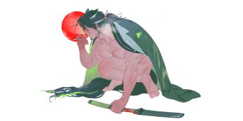 1boy absurdres animal_ears arknights bara bare_pectorals cape cigarette extra_ears from_side green_haori green_theme haori highres holding holding_cigarette japanese_clothes karkenshark large_pectorals male_focus matsukiri_(arknights) mature_male multiple_scars muscular muscular_male naked_cape pectoral_press pectorals profile scar smoking solo thick_eyebrows wolf_ears