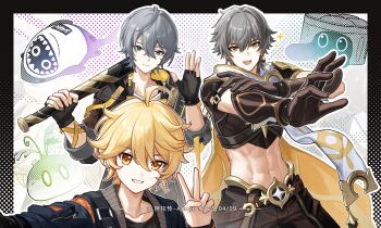 3boys absurdres aether_(genshin_impact) aether_(genshin_impact)_(cosplay) alalen baseball_bat black_gloves black_jacket blonde_hair brown_gloves brown_pants brown_shirt caelus_(honkai:_star_rail) caelus_(honkai:_star_rail)_(cosplay) cake_cat_(honkai:_star_rail) closed_mouth company_connection cosplay crop_top crossover fingerless_gloves genshin_impact gloves green_eyes grey_hair hair_between_eyes highres holding holding_baseball_bat honkai:_star_rail honkai_(series) jacket long_hair male_focus midriff mihoyo multiple_boys muscular muscular_male navel open_mouth pants shirt short_hair slime_(genshin_impact) smile stomach trailblazer_(honkai:_star_rail) v wise_(zenless_zone_zero) wise_(zenless_zone_zero)_(cosplay) yellow_eyes zenless_zone_zero