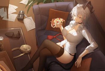 1girl absurdres black_choker black_horns black_panties black_thighhighs breasts button_gap can choker collarbone collared_shirt commentary couch crossed_legs curled_horns dalmo_(pafe2444) drink_can food grey_hair hair_between_eyes highres holding holding_food holding_pizza horns indoors large_breasts long_hair multicolored_hair no_pants on_couch panties paper pineapple_on_pizza pizza red_eyes shirt shoes sitting solo streaked_hair symbol-only_commentary thighhighs thighs underwear unworn_shoes white_shirt wuthering_waves zani_(wuthering_waves)