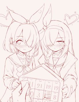 2girls absurdres arona_(blue_archive) blue_archive blush bow bow_hairband bowtie braid choker condom hair_over_one_eye hairband halo heart heart_halo highres holding holding_condom long_hair long_sleeves looking_at_viewer lottery monochrome multiple_condoms multiple_girls neckerchief niss_oekaki plana_(blue_archive) sailor_collar school_uniform serafuku single_braid small_sweatdrop