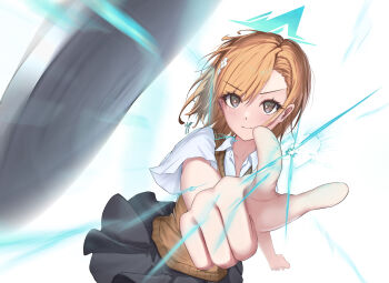 >:) 1girl black_skirt blue_archive blue_halo blurry blush brown_eyes brown_hair brown_sweater_vest closed_mouth coin collared_shirt commentary cowboy_shot depth_of_field electricity electrokinesis english_commentary eyelashes floating_hair flower foreshortening hair_flower hair_ornament halo highres incoming_attack index_finger_raised looking_at_viewer medium_hair miniskirt misaka_mikoto outstretched_arm pleated_skirt pointing pointing_at_viewer railgun_(misaka_mikoto) school_uniform shirt signature simple_background skirt smile solo sweater_vest toaru_kagaku_no_railgun toaru_majutsu_no_index tokiwadai_school_uniform twoarrow_illust v-shaped_eyebrows white_background white_flower white_shirt