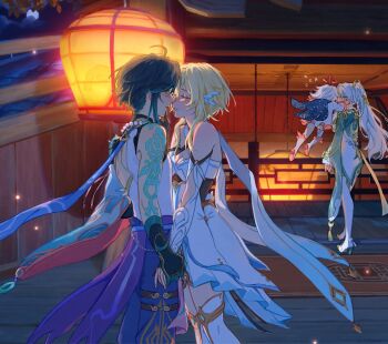 Rule 34 | 1boy, 3girls, ahoge, architecture, arm armor, arm tattoo, bare shoulders, bead necklace, beads, blonde hair, blush, boots, breasts, chinese clothes, cleavage, closed eyes, commentary, couple, detached sleeves, dress, east asian architecture, english commentary, face-to-face, feather hair ornament, feathers, fireflies, floating hair, flying sweatdrops, genshin impact, gloves, green gloves, green hair, hair ornament, halo, hetero, high heels, high ponytail, highres, holding hands, imminent kiss, in-universe location, jewelry, lantern, long hair, looking at another, lumine (genshin impact), medium breasts, multiple girls, necklace, night, outdoors, paimon (genshin impact), paper lantern, parted lips, peatchoune, ponytail, romper, scarf, short hair, short hair with long locks, shoulder tattoo, tattoo, thigh boots, vision (genshin impact), white boots, white dress, white hair, white romper, white scarf, wooden floor, xiao (genshin impact), yellow eyes, zibai (genshin impact)