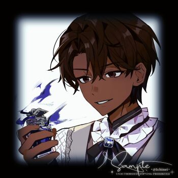 1boy alberu_crossman black_border black_bow black_bowtie black_ribbon border bottle bow bowtie brooch brown_eyes brown_hair commentary_request dark-skinned_male dark_skin gem hair_between_eyes highres holding hxp0614 jewelry lout_of_count&#039;s_family male_focus parted_lips perfume_bottle ribbon shirt short_hair signature simple_background smile solo teeth vest white_background