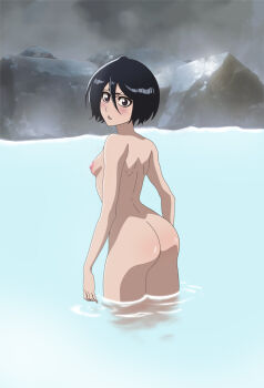 1girl absurdres arms_at_sides ass back bare_arms bare_back bare_hips bare_legs bare_shoulders black_hair bleach bleach:_sennen_kessen-hen blush breasts commission commissioner_upload completely_nude female_focus from_behind hair_between_eyes highres in_water kubo_tite_(style) kuchiki_rukia looking_at_viewer looking_back narrow_waist nipples nude onsen parted_lips partially_submerged petite purple_eyes rock rozuberry shiny_skin short_hair slender small_breasts solo source_request standing standing_in_water steam water wet