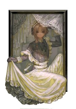 1boy apron apron_hold arm_up black_bow black_bowtie black_dress black_gloves bow bowtie brown_hair bw_sekai closed_mouth cowboy_shot crossdressing crossdressing_(mtf) dress gloves grey_eyes hair_bow hairband hashtag-only_commentary highres kanae_(19th_costume)_(nijisanji) kanae_(nijisanji) long_hair long_sleeves looking_at_viewer maid male_focus male_maid nijisanji parted_bangs solo virtual_youtuber white_apron