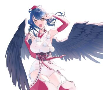 1girl arm_up backless_kimono bare_shoulders black_hair black_sash black_wings blunt_bangs breasts bridal_gauntlets commentary_request cowboy_shot double_bun hair_bun hakama hakama_pants hat highres japanese_clothes kimono large_breasts long_hair looking_at_viewer nijisanji obi obijime pants pom_pom_(clothes) red_bridal_gauntlets sakauri_rk sash side_up_bun sidelocks simple_background sleeveless sleeveless_kimono smile solo tengu thighs tokin_hat twintails_with_hair_base virtual_youtuber white_background white_kimono wings yamagami_karuta yamagami_karuta_(1st_costume)