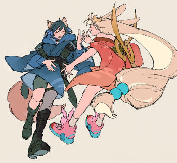 2girls animal_ears black_boots blonde_hair blue_hoodie boots cho_kaguya-hime! closed_eyes commentary crescent crescent_hair_ornament english_commentary floating_hair fox_ears fox_shadow_puppet_kiss fox_tail full_body hair_ornament hood hoodie japanese_clothes kaguya_(cho_kaguya-hime!) kimono long_hair long_sleeves loveariddle low-tied_long_hair multiple_girls pink_shoes red_kimono sakayori_iroha shoe_soles shoes short_hair simple_background smile standing standing_on_one_leg tail