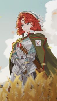 Rule 34 | 1girl, :o, absurdres, bag, blue eyes, blue shirt, blue sky, brown bag, cape, cloud, club (weapon), first aid kit, gauntlets, grass, green cape, hand on own arm, hat, highres, marsha (reverse:1999), mole, mole under eye, reverse:1999, roxs (roxss29), shirt, short hair, shoulder bag, sky, solo, upper body, weapon, white hat