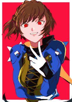 1girl blue_bodysuit bodysuit border braid brown_hair crown_braid gloves grin hand_on_own_arm highres looking_at_viewer niijima_makoto pekeponn persona persona_5 queen_(persona_5) red_background red_eyes simple_background smile solo spikes upper_body v white_gloves