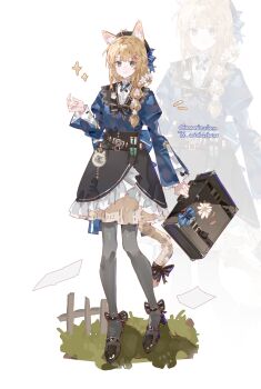 1girl alarm_clock animal_ear_fluff animal_ears blonde_hair cat_ears cat_tail clock commentary dress flower hat highres looking_at_viewer original pyyuu simple_background standing tail variant_set white_background