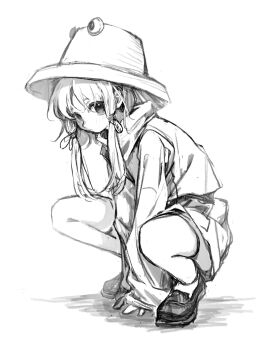 1girl 80isiiii absurdres blush chinese_commentary closed_mouth commentary_request full_body greyscale hair_ribbon hat highres long_hair long_sleeves monochrome moriya_suwako ribbon shirt shoes simple_background sketch skirt solo squatting touhou tress_ribbon vest white_background wide_sleeves