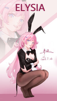 1girl absurdres alternate_costume animal_ears black_bow black_leotard black_pantyhose blue_eyes bow breasts character_name chinese_commentary cleavage commentary_request dated elf elysia_(honkai_impact) fake_animal_ears highres honkai_(series) honkai_impact_3rd large_breasts leotard lingxi2003 long_hair no_shoes open_mouth pantyhose pink_hair playboy_bunny pointy_ears rabbit_ears smile solo squatting toes very_long_hair zoom_layer
