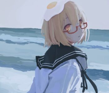 Rule 34 | 1girl, beach, black ribbon, blonde hair, blue sailor collar, blue sky, egg, food, food on head, glasses, highres, light smile, nyaausea, object on head, orange eyes, red-framed eyewear, ribbon, sailor, sailor collar, shimeji simulation, shirt, sky, smile, sunlight, water, waves, white shirt, yamashita majime