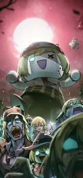 6+girls ;d absurdres adarin bee bite_mark blonde_hair blue_eyes bright_pupils brown_coat brown_hat bug coat collared_shirt colored_skin commentary deerstalker facial_hair full_moon giant giantess hair_ornament hat highres holding holding_syringe hololive hololive_english huge_moon insect looking_at_viewer loose_necktie moon multiple_girls mustache necktie odd_one_out one_eye_closed open_mouth patchwork_skin red_eyes red_necktie red_sky shirt short_hair sky smile smol_ame stitches syringe undead virtual_youtuber watson_amelia watson_amelia_(1st_costume) white_pupils white_shirt zombie zombification