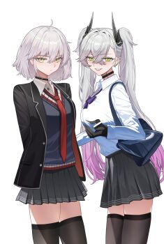2girls absurdres black_shirt black_skirt black_thighhighs breasts commentary demon_horns fate_(series) green_eyes highres horns jeanne_d'arc_alter_(fate) kaworu13 large_breasts lilith_(fate) long_hair multiple_girls necktie pink_hair school_uniform shirt short_hair skirt smile symbol-only_commentary thighhighs twintails white_hair white_shirt yellow_eyes