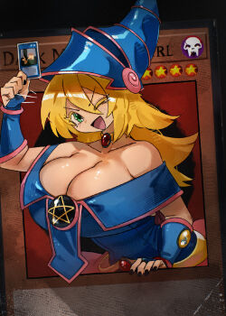 1girl bare_shoulders black_nails blonde_hair blue_hat breasts card cleavage dark_magician_girl duel_monster green_eyes hat highres holding holding_card large_breasts long_hair nail_polish open_mouth solo wizard_hat yu-gi-oh! zanamaoria