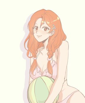 1ch16me ball bare_shoulders beachball bikini bleach breasts brown_eyes closed_mouth collarbone hair_ornament hairclip highres inoue_orihime large_breasts light_blush long_hair looking_at_viewer orange_hair shadow simple_background smile snowflake_hair_ornament swimsuit white_background