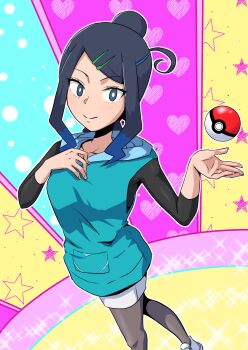 1girl aqua_hoodie black_hair black_pantyhose blue_eyes blue_hair commentary_request cosplay cowlick fake_liko_(pokemon) green_hair_ornament hair_ornament hairclip highres hood hooded_vest hoodie jacket liko_(pokemon)_(cosplay) mature_female nintendo pantyhose pantyhose_under_shorts poke_ball poke_ball_(basic) pokemon pokemon_(anime) pokemon_horizons pokemon_hz138 short_hair shorts sidelocks smile solo swept_bangs tabataba_no_ki tsurime undershirt updo vest white_shorts