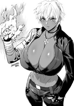 1girl breasts chaps cleavage cross cross_necklace dark-skinned_female dark_skin fire genderswap genderswap_(mtf) gloves greyscale jacket jewelry k&#039;_(kof) large_breasts leather leather_jacket looking_at_viewer metal_gloves monochrome navel necklace pyrokinesis short_hair simple_background solo the_king_of_fighters very_dark_skin white_hair yajiro_masaru