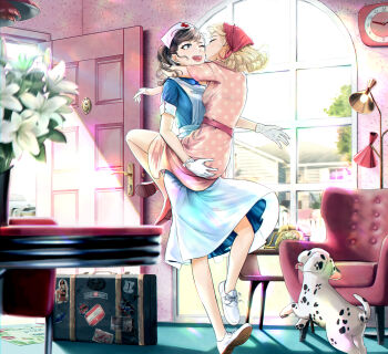 2girls absurdres analog_clock animal antique_phone apron armchair bandana black_hair blonde_hair blue_dress bra_visible_through_clothes carrying carrying_person chair clock commentary couple curly_hair dalmatian day dog door_handle door_knocker dress english_commentary full_body gloves grey_eyes happy hat highres house hug hug_carry indoors kiss kissing_cheek lamp leg_lock medium_hair multiple_girls nurse nurse_cap one_eye_closed open_door open_mouth original peephole pet phone pink_dress polka_dot polka_dot_dress postcard red_bandana red_shoes rotary_phone shoes short_hair short_sleeves slip-on_shoes smile sneakers standing suitcase tofufuyu0112 twitter_username wallpaper_(object) white_apron white_gloves white_hat white_lily white_shoes wife_and_wife window yuri