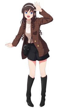 1girl absurdres alternate_costume amagami arm_up bag black_boots black_hair black_shorts blue_eyes boots brown_jacket commentary_request commission curly_hair drill_hair fashion full_body grey_sweater hairband highres jacket kagari_ds knee_boots long_hair long_sleeves looking_at_viewer morishima_haruka open_mouth plaid_clothes plaid_jacket shorts shoulder_bag simple_background smile solo standing sweater waving white_background white_hairband