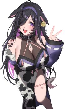 1girl absurdres ahoge animal_ears animal_print arm_behind_back bare_shoulders belt_collar black_collar black_hair blush braid breasts cleavage_cutout clothing_cutout collar colored_inner_hair cow_ears cow_girl cow_print cow_tail detached_sleeves ear_tag eyelashes feet_out_of_frame hair_over_one_eye hair_ribbon hairband hashtag-only_commentary highres japanese_clothes kimono large_breasts leaning_forward long_hair long_sleeves looking_at_viewer mole mole_under_eye moyako multicolored_hair nijisanji one_eye_covered open_mouth parted_bangs pink_ribbon print_kimono purple_eyes purple_hair purple_hairband purple_sleeves ribbon ribbon-trimmed_sleeves ribbon_trim see-through_cleavage see-through_clothes side_braid side_slit sidelocks simple_background single_braid sleeves_past_wrists smile solo standing streaked_hair tail tassel thigh_strap v virtual_youtuber white_background wide_sleeves yagyu_shino