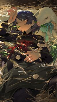 1girl absurdres animal baby_animal black_shirt blue_hair bocchi_the_rock! closed_mouth danbaofan_omuless highres lamb looking_at_viewer lying on_back sheep shirt short_hair smile solo yamada_ryo