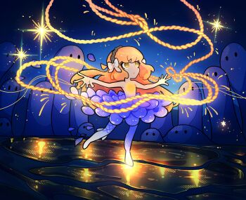 1girl absurdres blue_background commentary compass_(mili) dancer dancing english_commentary floating_hair highres ishmael_(project_moon) limbus_company long_hair looking_up mili_(band) minty_chu orange_hair project_moon solid_oval_eyes solo string tutu yellow_eyes