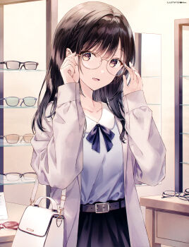 1girl absurdres adjusting_eyewear artist_name bag belt black_hair blue_ribbon braid brown_eyes coat collarbone dengeki_moeoh glasses hand_on_eyewear highres hiten_(hitenkei) indoors long_hair looking_at_viewer magazine_scan open_mouth original ribbon scan shirt shoulder_bag side_braid sidelocks smile solo third-party_source upper_body white_shirt