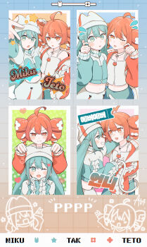 2girls ahoge alternate_costume aqua_eyes aqua_hair aqua_sweater blue_background blush blush_stickers border character_name closed_mouth commentary crop_top cropped_sweater drill_hair english_commentary flower flying_sweatdrops gradient_background green_background grid_background grin hair_flower hair_ornament hat hat_with_ears hatsune_miku heart highres holding jacket kabedon kasane_teto korean_text long_hair long_sleeves looking_at_another multiple_girls multiple_views one_eye_closed open_mouth orange_background pleated_skirt pppp_(vocaloid) red_jacket sato_(r017xts117) short_hair skirt smile stomach sweater translation_request twin_drills typo vocaloid white_flower white_hat white_skirt