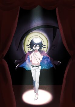 Rule 34 | 2boys, absurdres, arm behind back, barefoot, black hair, commentary request, curtains, danganronpa (series), danganronpa v3: killing harmony, dark background, flipped hair, full body, hair between eyes, hand on own chest, highres, jacket, jacket on shoulders, male focus, multiple boys, oma kokichi, open mouth, pants, partial commentary, saihara shuichi, short hair, size difference, smile, solo focus, spoilers, spotlight, starry sky print, waguri (ronpa), white pants, yellow eyes