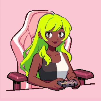 Rule 34 | animal ear headphones, animal ears, animated, animated gif, black shirt, blonde hair, breasts, brown eyes, brown hair, cat ear headphones, cat ears, chain, chain necklace, chair, cleavage, clown makeup, collar, commentary, controller, corn print, crop top, cropped shirt, dark-skinned female, dark skin, double bun, english commentary, eyebrows hidden by hair, fake animal ears, food print, freckles, game controller, gaming chair, green hair, green sweater, grey eyes, grey sweater, hair bun, headphones, holding, holding controller, holding game controller, jewelry, long hair, medium hair, midriff, mismatched eyebrows, mole, mole under eye, multicolored hair, necklace, original, pink hair, pink lips, pink shirt, pixel art, purple eyes, ribbed sweater, roulette animation, shirt, skull print, sleeves rolled up, small breasts, smile, spiked collar, spikes, split-color clothes, split-color hair, sweater, swivel chair, tank top, thisislux, turtleneck, turtleneck sweater