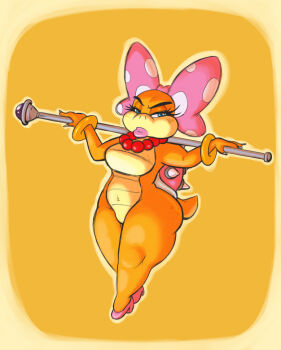 1girl blue_eyes bow bracelet curvy freckles hair_bow high_heels jewelry joelasko mario_(series) navel necklace nintendo no_socks nude reptile_girl shiny_skin shortstack spiked_shell super_mario_bros._3 tail thick_lips thick_thighs thighs wand wendy_o._koopa wide_hips