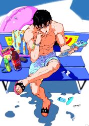 Rule 34 | 1boy, black hair, blue eyes, blue shorts, bracelet, cola, crossed legs, from above, full body, fushiguro touji, hand on own cheek, hand on own face, highres, holding, holding paper, innertube, jewelry, jujutsu kaisen, male focus, max801115, on bench, paper, phone, pink innertube, sandals, scar, scar on face, scar on mouth, shorts, signature, solo, swim ring, topless male, water