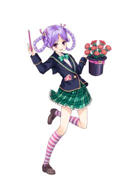 1girl bow bowtie brown_shoes fang flower flower_ornament full_body girlfriend_(kari) green_bow green_bowtie hair_ornament hat holding jacket legs loafers looking_at_viewer miniskirt official_art open_mouth plaid_clothes plaid_skirt pleated_skirt purple_eyes purple_hair qp:flapper school_uniform shimada_izumi shoes skirt socks solo striped_clothes striped_socks thighs top_hat transparent_background