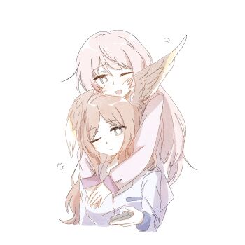 Rule 34 | 2girls, artist request, bang dream!, bang dream! it's mygo!!!!!, blue eyes, blue shirt, blush, brown hair, chihaya anon, chinese commentary, closed mouth, commentary request, controller, fang, grey eyes, head wings, highres, holding, holding controller, holding remote control, hug, hug from behind, long hair, long sleeves, multiple girls, nagasaki soyo, one eye closed, open mouth, pajamas, pink hair, pink shirt, puff of air, remote control, second-party source, shirt, simple background, upper body, white background, wings, yuri