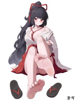 1girl absurdres barefoot black_hair blush feet geta highres japanese_clothes long_hair looking_at_viewer miko original panties pantyshot pharamacom ponytail red_eyes shoes soles toes underwear unworn_shoes