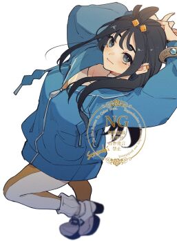 1girl arms_behind_head black_hair blue_eyes blue_hoodie choker cube_hair_ornament earclip from_above full_body hair_ornament highres hood hoodie leggings lida_(pokemon) light_smile long_hair looking_at_viewer loose_socks mega_stone multicolored_leggings nintendo pk12_z platform_shoes pokemon pokemon_legends:_z-a shirt shoes simple_background socks solo white_background white_choker white_leggings white_shirt white_shoes yellow_leggings