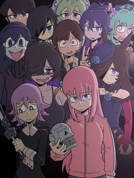 Rule 34 | 1other, 6+girls, :d, :|, @ @, androgynous, animal ears, black dress, black hair, blue archive, blue eyes, blue flower, blue rose, bocchi the rock!, bowler hat, breasts, brown eyes, brown hair, chainsaw man, character request, cleavage, closed mouth, constricted pupils, copyright request, corin wickes, crona (soul eater), cube hair ornament, dress, drooling, english text, flower, glasses, goddess of victory: nikke, gotoh hitori, green hair, hair ornament, hair over one eye, haruka (blue archive), hat, headband, heart, heart-shaped pupils, hex maniac (pokemon), hex maniac (pokemon xy), higashiyama kobeni, highres, holding, holding skull, holding weapon, horse ears, horse girl, invincible (series), jacket, komi-san wa komyushou desu, komi shouko, kuroki tomoko, label (nikke), large breasts, long hair, long sleeves, looking at viewer, meme, mouth drool, multiple girls, necktie, nervous, nintendo, open mouth, paulnoob, pink hair, pink jacket, pokemon, pokemon x and y, purple dress, purple eyes, purple hair, purple headband, rice shower (umamusume), rose, scabbard, sheath, sheathed, short hair, skull, sleeve cuffs, small breasts, smile, soul eater, sweatdrop, symbol-shaped pupils, track jacket, trait connection, umamusume, v, viltrumite group shot (meme), watashi ga motenai no wa dou kangaetemo omaera ga warui!, weapon, zenless zone zero