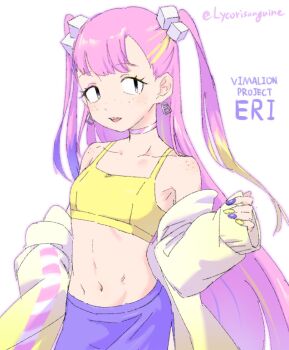 1girl bare_shoulders blonde_hair body_freckles character_name choker collarbone crop_top cube_hair_ornament earrings eri_(synthesizer_v) eyeshadow freckles hair_ornament hand_on_own_hip jacket jewelry long_hair looking_to_the_side lycorisanguine makeup midriff multicolored_eyeshadow multicolored_hair multicolored_nails navel open_clothes open_jacket open_mouth pink_choker pink_eyeshadow pink_hair purple_hair purple_nails purple_skirt shirt shoulder_freckles signature simple_background skirt sleeves_past_wrists streaked_hair striped_choker synthesizer_v twintails twitter_username upper_body vimalion_pro white_background yellow_eyeshadow yellow_jacket yellow_nails yellow_shirt
