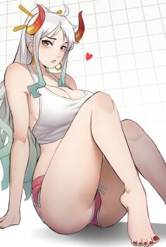 1girl ass breasts earrings funi_xd green_hair hair_ornament highres horns jewelry large_breasts long_hair looking_at_viewer multicolored_hair multicolored_horns nail_polish one_piece ponytail red_horns shorts solo white_hair yamato_(one_piece)