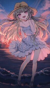 1girl beach brown_hair dress fangs hat highres kaaikobunnayo looking_at_viewer makaino_ririmu makaino_ririmu_(3rd_costume) multicolored_hair nijisanji ocean off_shoulder official_art open_mouth outdoors pink_eyes pink_hair pointy_ears sandals sky smile solo standing straw_hat streaked_hair sundress sunset two-tone_hair virtual_youtuber white_dress