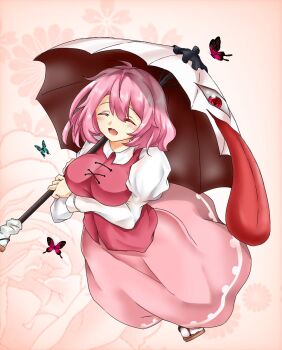 alternate_color alternate_hair_color breasts bug butterfly geta highres holding holding_umbrella insect large_breasts long_sleeves pink_background pink_hair reo_adriano shirt short_hair skirt tatara_kogasa tongue touhou touhou_(pc-98) umbrella vest white_shirt