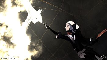 1girl absurdres akari_(pokemon) arceus dark_background eriott eyelashes gen_4_pokemon glowing headscarf highres legendary_pokemon long_hair mythical_pokemon nintendo outstretched_arm pokemon pokemon_(creature) pokemon_legends:_arceus reaching red_scarf scarf sidelocks signature twitter_username white_headscarf