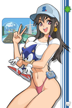 1girl :d artist_logo belly between_breasts bikini bikini_bottom_only blue_sky breast_press breasts breasts_apart brown_hair building city cityscape cleavage collarbone covered_groin crop_top double-parted_bangs drop_shadow ear_piercing earbuds earphones earrings ears eyebrows eyelashes eyes_visible_through_hair frutiger_aero game_console globe green_star grey_hat groin hair_over_face hair_over_one_eye hair_tie hat high_cut highleg highleg_bikini highleg_panties highres hugging_doll hugging_object jewelry leaning_back legs_together logo logo_parody long_hair looking_at_viewer lowleg lowleg_bikini mascot_head, medium_breasts midriff minidisc_player mons_pubis narrow_waist navel no_pants nose open_mouth panties piercing pink_bikini pink_eyes sega sega_dreamcast shirt short_sleeves skin_tight sky smile smiley_face smiley_face_earrings solo sonic_(series) sonic_the_hedgehog strong_woman swimsuit systemst91 teeth thighs thong thong_bikini tight_clothes tight_shirt toned toned_female toned_stomach under_shirt underwear upper_teeth_only v victory_pose white_background white_shirt