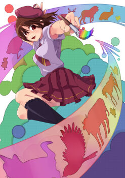 1girl arms_up beret black_socks breasts brown_necktie brown_skirt commentary_request foreshortening grey_shirt hat highres holding holding_paintbrush kneehighs medium_breasts necktie oekaki_musume paintbrush pleated_skirt red_eyes shirt short_sleeves skirt smile socks solo sora-bozu