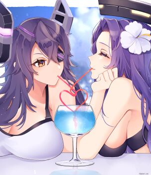 1girl alternate_sleeve_length bikini black_bikini blue_sky breasts cleavage closed_eyes cloud commentary_request drinking drinking_straw eyepatch halo headgear heart kantai_collection kozu_(bloomme1_me) large_breasts long_hair mechanical_halo purple_hair shared_drink sky solo swimsuit tatsuta_(kancolle) tatsuta_(swimsuit)_(kancolle) tenryuu_(kancolle) tenryuu_(swimsuit)_(kancolle) upper_body white_bikini yellow_eyes